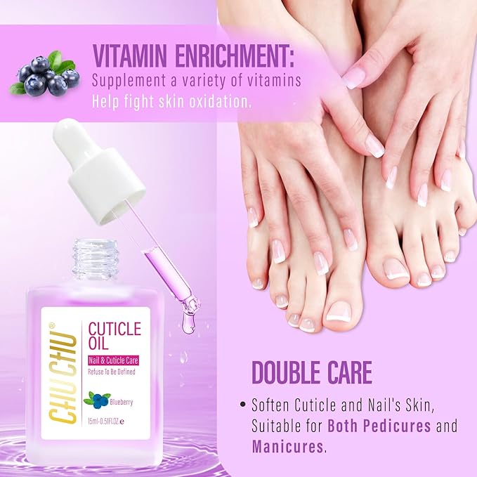 CHUCHU Organic Cuticle Oil for Nails: Blueberry Jojoba Nail Oil with Vitamin B & E - Moisturizes, Repairs, and Promotes Nail Growth - Prevents Dryness, Hangnails, and Chapped Skin 15ML