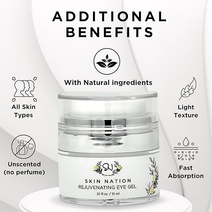Skin Nation Rejuvenating Eye Gel, Super Hydrating with Peptides, Hyaluronic Acid and Green Tea, Lightweight Plant Based Under Eye Cream for Puffiness, Dark Circles and Smooth Skin, 0.5 oz