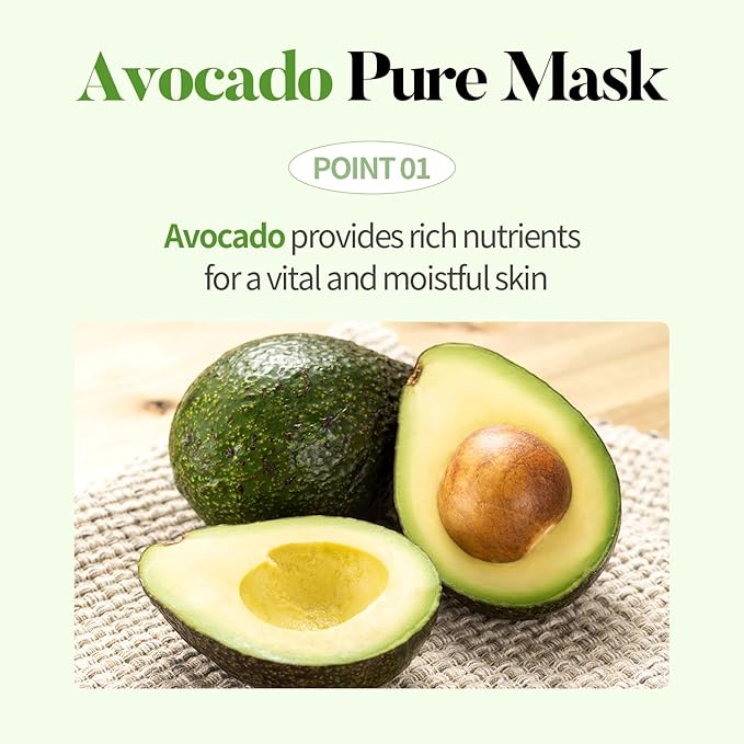 COSNORI AVOCADO PURE SHEET MASK (10pc) - Clean, Hydrating and Soothing for Dry skin, Korean Face Mask- Avocado Extract, 0.81oz x 10pc