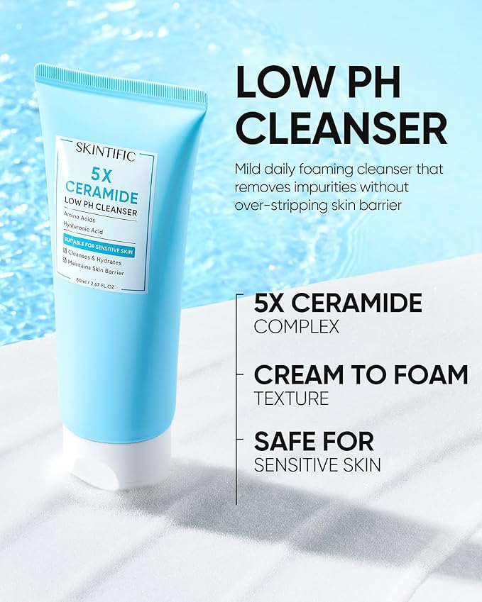 5X Ceramide Low pH Facial Cleanser, Gentle Hydrating Face Wash with Hyaluronic Acid, Daily Face Wash for Dry to Normal Skin, Sensitive Skin Tested, Not Tight, Fragrance Free