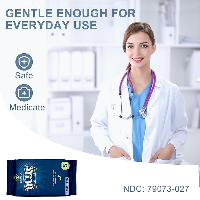 Acne Wipes for Face & Back, Acne Treatment Wipes with Salicylic Acid, Acne Scars and Dark Spot Remover with Natural Essential Oil for Face, Body, Back, and Butt