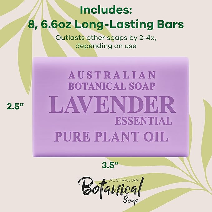 Australian Botanical Soap, 6.6 OZ, Lavender and Essential Oil, Triple Milled Bars made with a Natural Soap Base and Enriched with Organic Shea Butter, Pack of 8