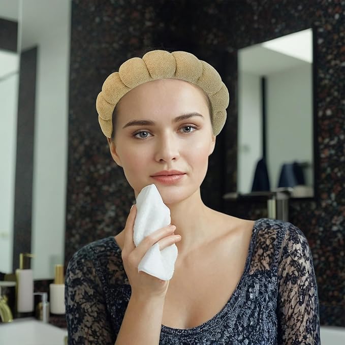 7 Pcs Spa Set, Facial Headband, Spa Headband and Wristband Set, Skincare Headband, College Style Girl Gift, Hair Accessories for Women and Girls（Brown）