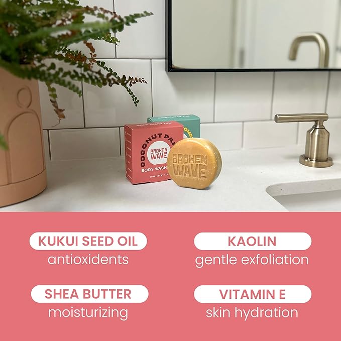 Broken Wave Body Wash Bar Soap | Moisturize, Nourish, Hydrate, Soothe All Skin Types | Natural Fragrance | Vegan, Cruelty, Sulfate, Paraben, and Plastic Free | Made in USA (2 Pack)