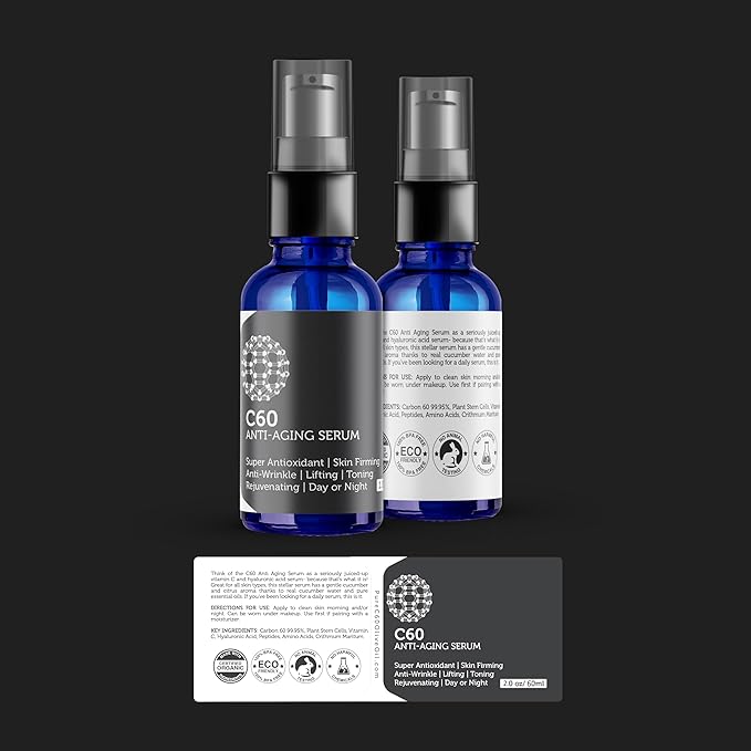 C60 Anti-Aging Face Serum 60ml with Hyaluronic Acid, Plant Stem Cells, Peptides, Vitamins B + C & Anti Aging Wrinkle Complexes for Men & Women Made with Organic Ingredients