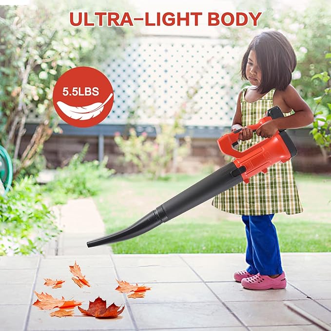 Cordless Leaf Blower, 21V 215CFM Elecrtic Leaf Blower with 4.0Ah Battery & Fast Charger, Portable Leaf Blower with 2 Section Tubes & 6 Speed Control for Blowing Leaves, Snow Debris & Dust Red