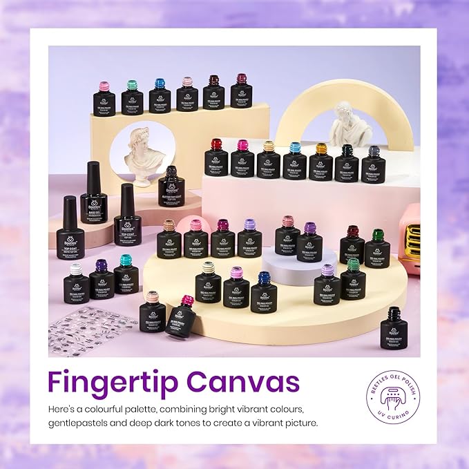 beetles Gel Polish Set All Seasons Fall Gel Nail Polish Kit Purple Orange Red Brown Black White Blue Nude Green 32 Colors with Base Glossy Matte Glitter Top Coat Gifts for Women Fingertips Canvas