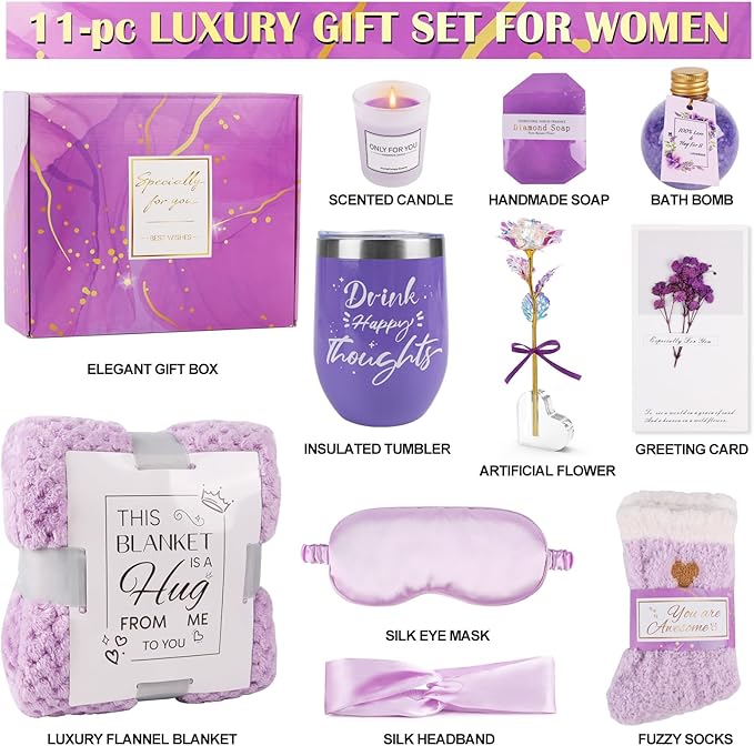 Birthday Gifts for Women Self Care Gifts Get Well Soon Gifts, Rose Relaxing Spa Gifts Basket Care Package, Luxury Flannel Blanket, Unique Mothers Day Idea Gifts for Mom Her Grandma Friend Sister Wife