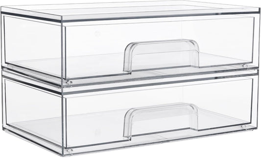 Vtopmart 12.1''W Clear Stackable Storage Drawers,2 Pack Acrylic Plastic Organizers Bins for Makeup Palettes, Cosmetics, and Beauty Supplies,Ideal for Vanity, Bathroom,Cabinet,Desk Organization