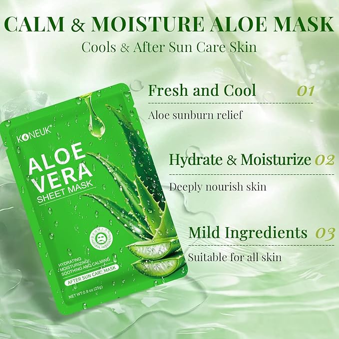 30 Pack Aloe Vera Hydrating Face Masks Skincare, Moisturizing & Soothing Sheet Face Mask for Skin Care, Bulk Aloe Face Masks for After Sun Care and Sunburn Relief