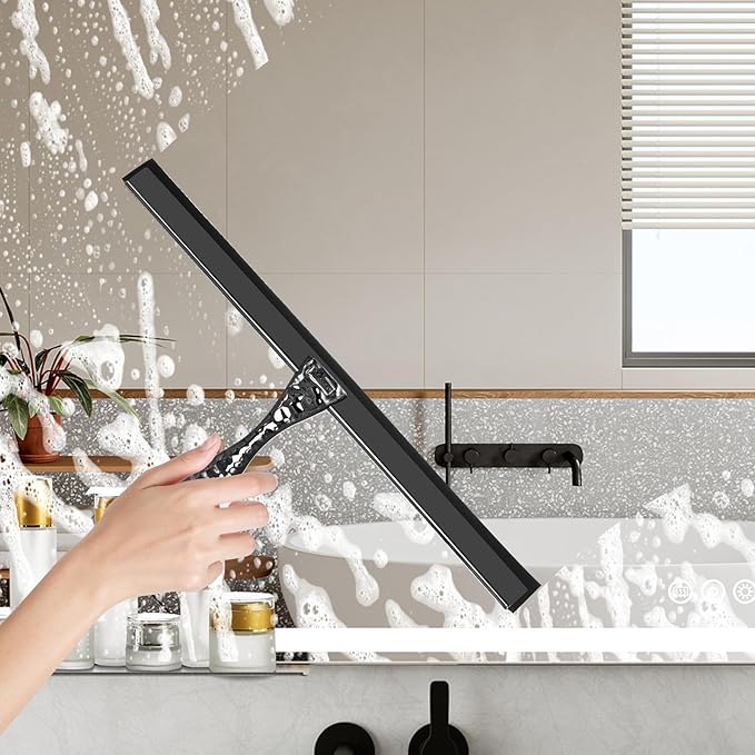 All-Purpose Silicone Shower Squeegee for Shower Glass Door,with 1 Hooks,for Bathroom Glass, Car, Tile Wall, Mirror Cleaning - Flower Shaped Handle for Easy-Grip 12 Inch Black