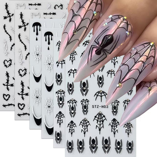 6 Sheets Shiny Crystal Diamonds Spider Nail Art Stickers Halloween Nail Stickers Self-Adhesive Spider Web Spiders Heart French Tip 3D Nail Art Design Decals Festival DIY Manicure Decoration for Women