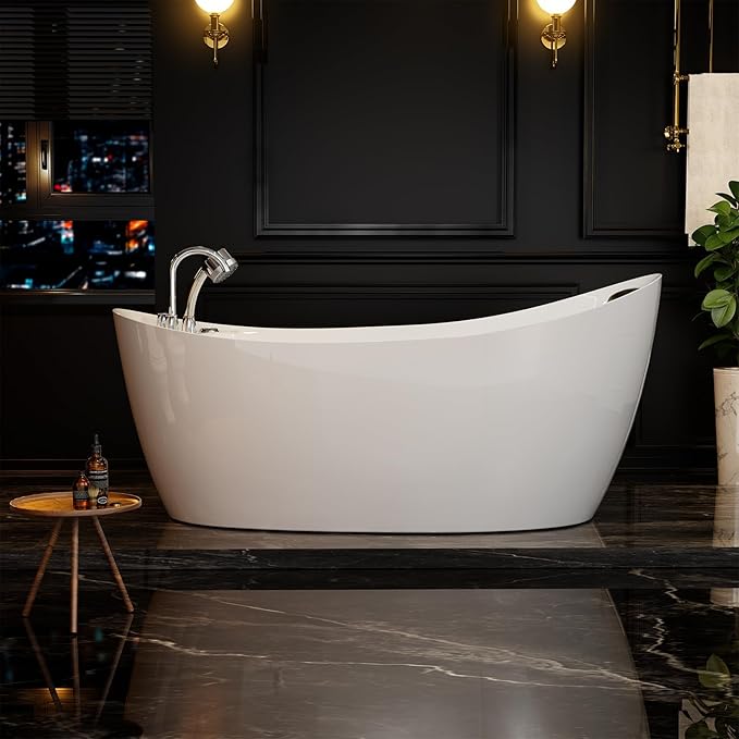 67 in. Acrylic Freestanding Bath Tub Hydromassage Gracefully Oval Shaped 7 Water Jets Soaking SPA, Single-Ended Massage Bathtubs with Pillow, White