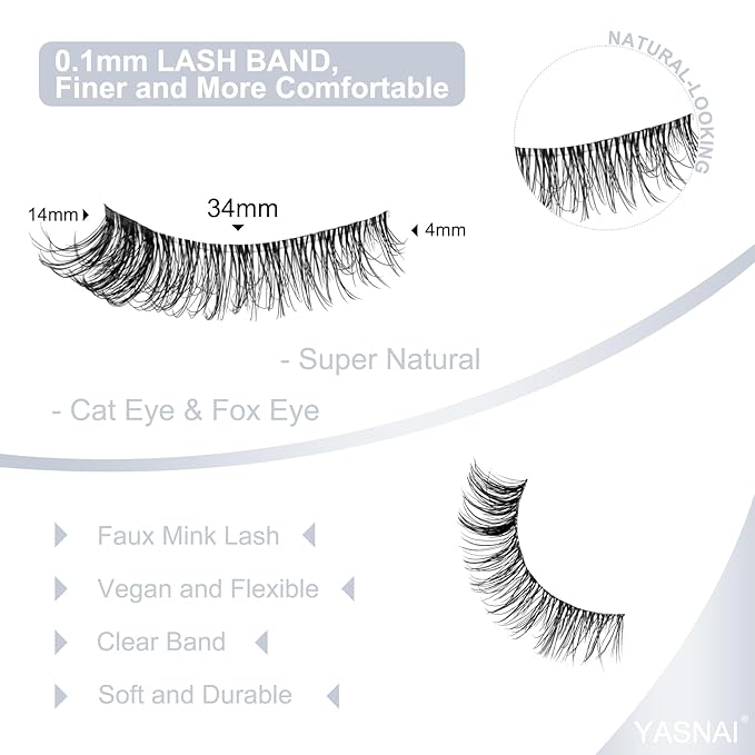 Cat Eye Lash Wispy Lashes False Eyelashes Natural Look, Yasnai 3D Fluffy Fake Lashes Volume Lashes, Natural Fake Eyelash Strips Lashes Natural False Lashes Clear Band 6 Pairs Pack