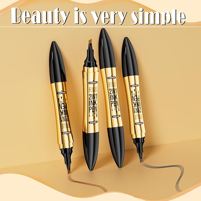 3D Four-Tip Eyebrow Pen & Eyeliner Duo - Waterproof, Long-Lasting, Smudge-Proof, Easy to Use for Perfect Brows and Defined Eyes - Gray Eyebrow Pencil & Black Eyeliner