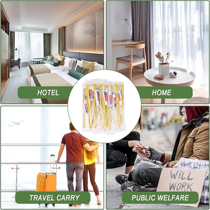 Disposable Toothbrushes with Toothpaste,300 Pack Yellow Hollow Individually Wrapped Disposable Travel Toothbrushes Kit in Bulk for Homeless,Nursing Home,Hotel,Charity