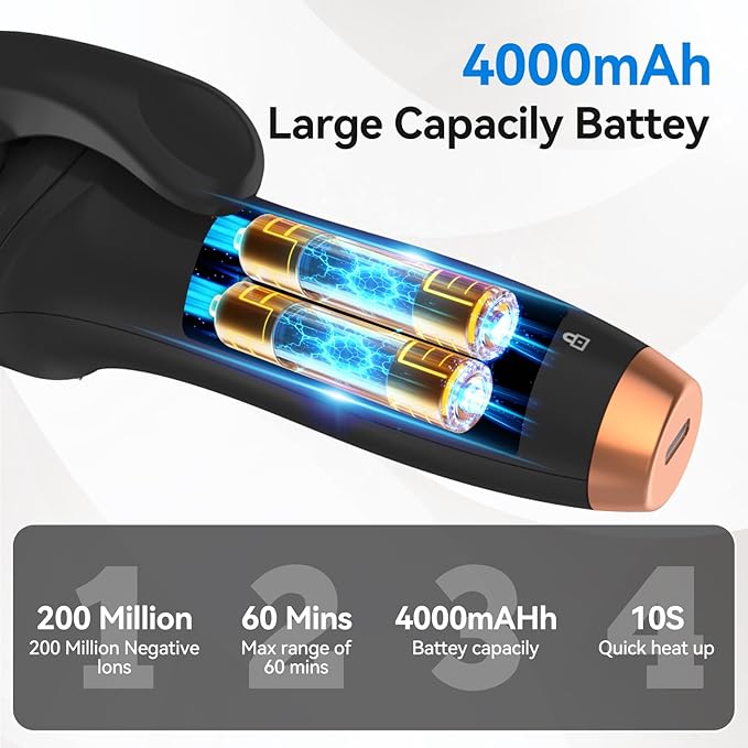 Cordless Curling Iron Hair Curler: Mini USB Rechargeable 4000 mAh 3 Temp Setting Travel Portable Hair Curler with 200 Million Negative Ion Cordless Curling Iron