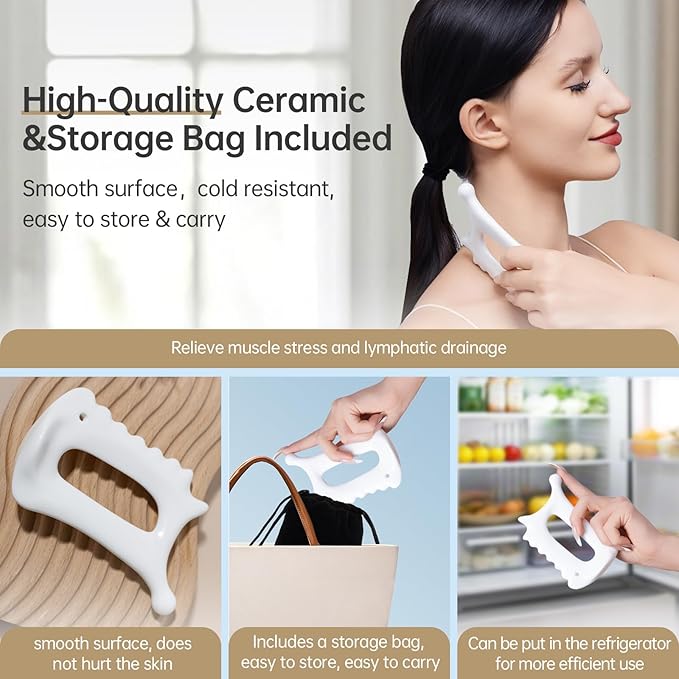 6-in-1 Ceramic Body Gua Sha Tool,Guasha Massager Tool for Body and Lymphatic Drainage,Gua Sha Facial Tool for Jaw Lifting&Puffiness,Muscle Scraper for Stress Relief,Self Care Gifts for Women