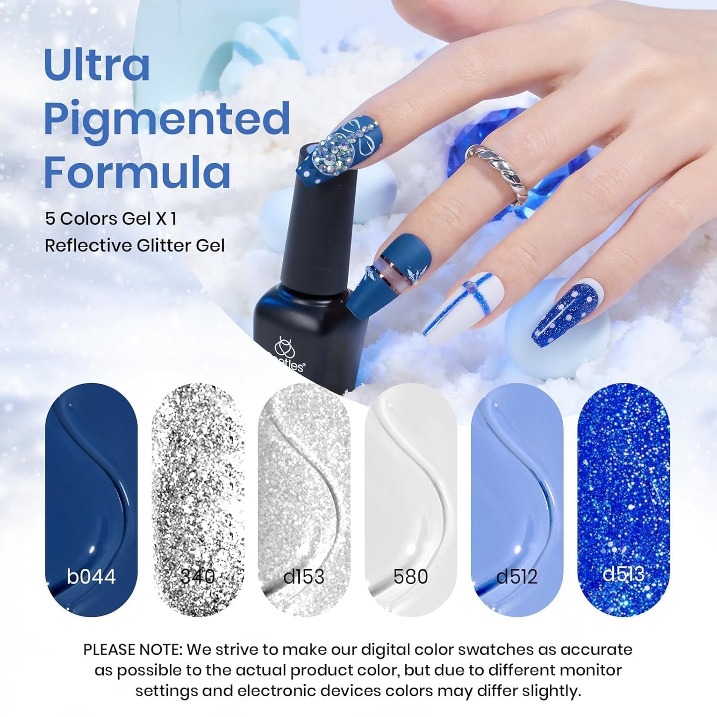 Beetles Blue Gel Polish Set, Glitter Snowflakes Collection Christmas Polish Set, White Glitter Navy Blue Silver Nails Color Gel Soak off UV LED Lamp Gift for Christmas