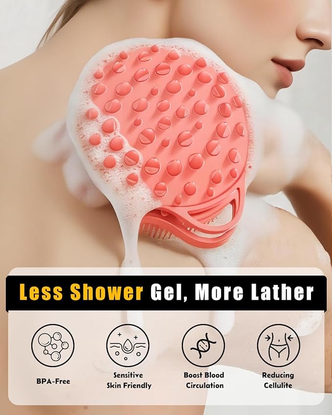 2 in 1 Silicone Body Scrubber, Anti Cellulite Massage Scrubber, Exfoliating Shower Brush for Men & Women, Removes Dead Skin, Reduces Cellulite, Improves Circulation, Fast Dry, Non Slip (1PC, Pink)
