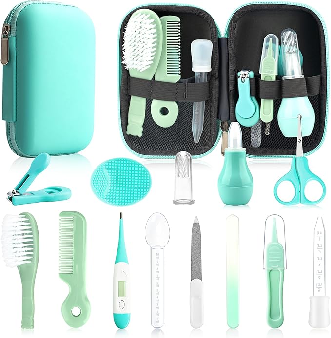 Baby Healthcare and Grooming Kit, 14 in 1 Baby Safety Set Newborn Nursery Health Care Set with Hair Brush Scale Nail Clippers for Baby Girls Boys(14 Kits Green)
