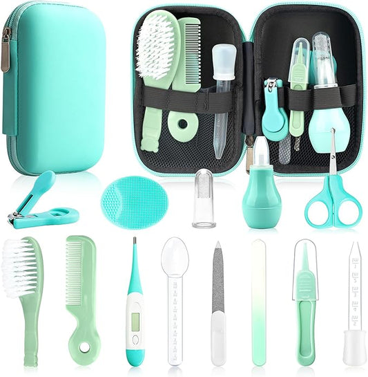 Baby Healthcare and Grooming Kit, 14 in 1 Baby Safety Set Newborn Nursery Health Care Set with Hair Brush Scale Nail Clippers for Baby Girls Boys(14 Kits Green)