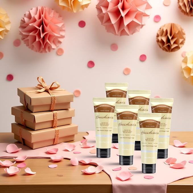 6 Pack Travel Size Hand Cream Set - 1 oz Moisturizing Lotion for Dry Cracked Hands, Light Rose & Ginger Sugar Scented Hand Lotion Gift for Women, Nurses, Teachers, Bridesmaids Gifts
