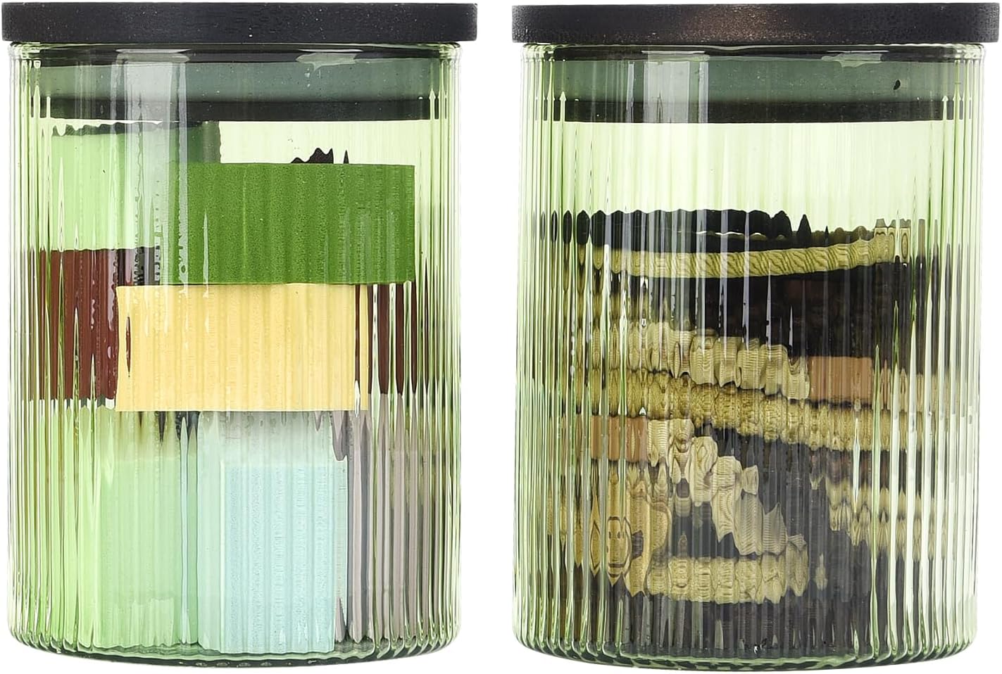 2 Pack Ribbed Glass Qtip Holder Dispenser Set - Apothecary Jars with Lids - Bathroom Canister Storage Organizer and Vanity Makeup Organizer for Cotton Ball,Swab,Round Pads,Floss