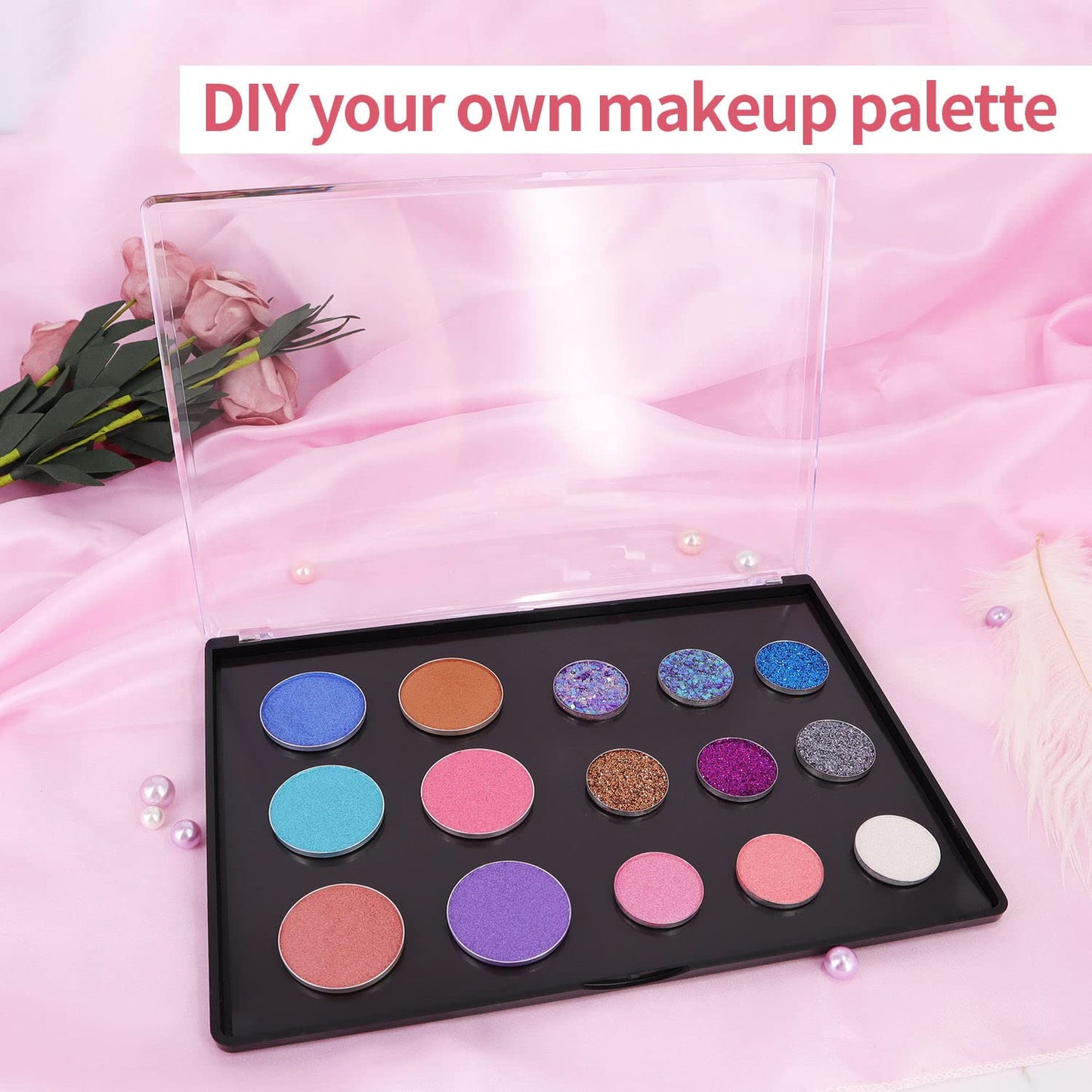 XL Large Empty Magnetic Eyeshadow Palette with Clear Top, Travel Makeup Organizer with 40Pcs Adhesive Metal Stickers For DIY Your Own Powder Palette (XL Large - 9.25'x6.57')