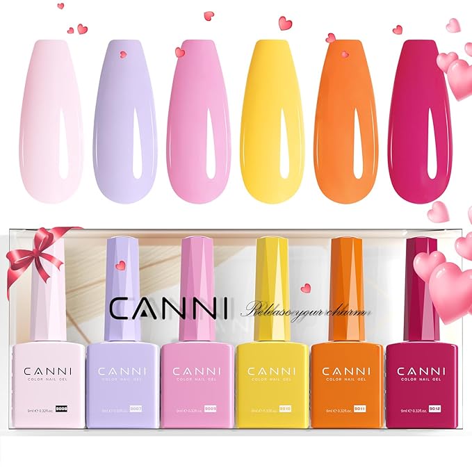 CANNI 6 Colors 9 ML Hema-Free Pink Gel Nail Polish Set, Hot Pink Purple Yellow Orange Kit, Soak Off LED Nail Gel Manicure Kit DIY at Home Salon Gifts