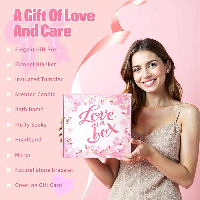 Birthday Gifts for Women, Gift Basket for Mom Wife Sister Her Friends, Luxury Self Care Spa Set with Blanket, Thank You Get Well Soon Holiday Gifts Box for Mother Valentine Day (Pink)