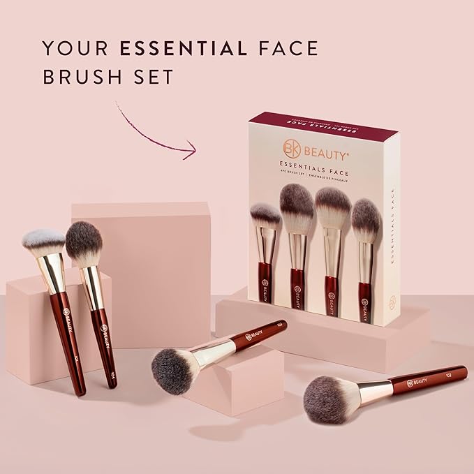 BK BEAUTY - ESSENTIALS FACE BRUSH SET (4PC) - Professional Makeup Brush Set for Liquid or Cream Foundations, Powder, Bronzer, Blush | Premium Makeup Brushes for Flawless Application