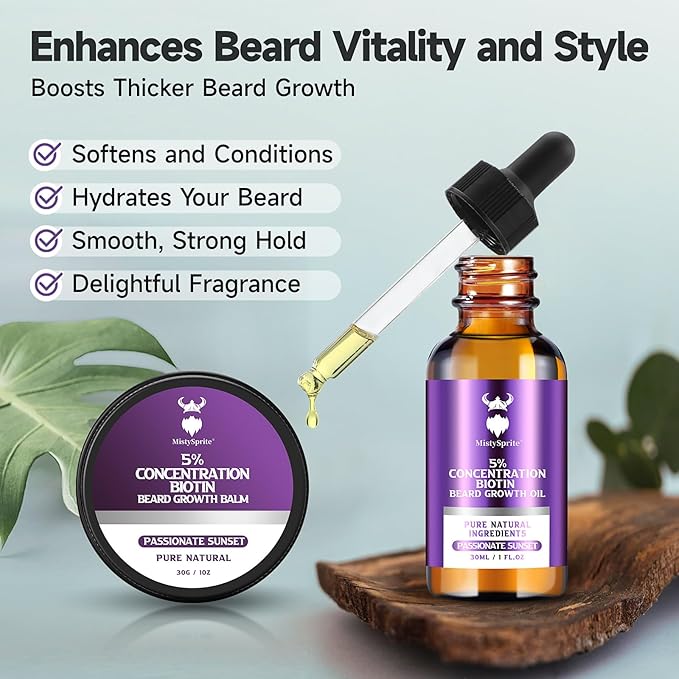Beard Growth Kit - 5% Concentration Biotin Beard Oil for Men (2 oz) - Natural Mens Beard Oil with Argan Oil, Jojoba Oil and Vitamin, Beard Growth Softener, Moisturizer (Passionate Sunset)