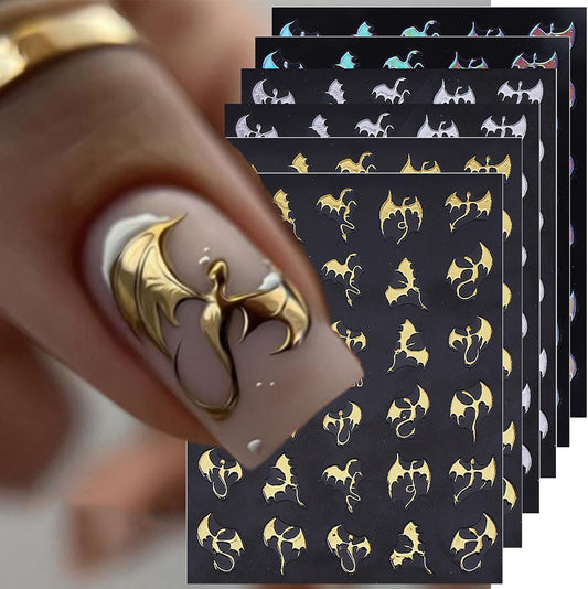 6 Sheets Halloween Nail Stickers Metal Flying Dragon Glitter Bat Nail Art Stickers Decals 3D Self Adhesive Nail Decals Glitter Bat Designs Nail Art Supplies Halloween Stickers for Nails for Women DIY