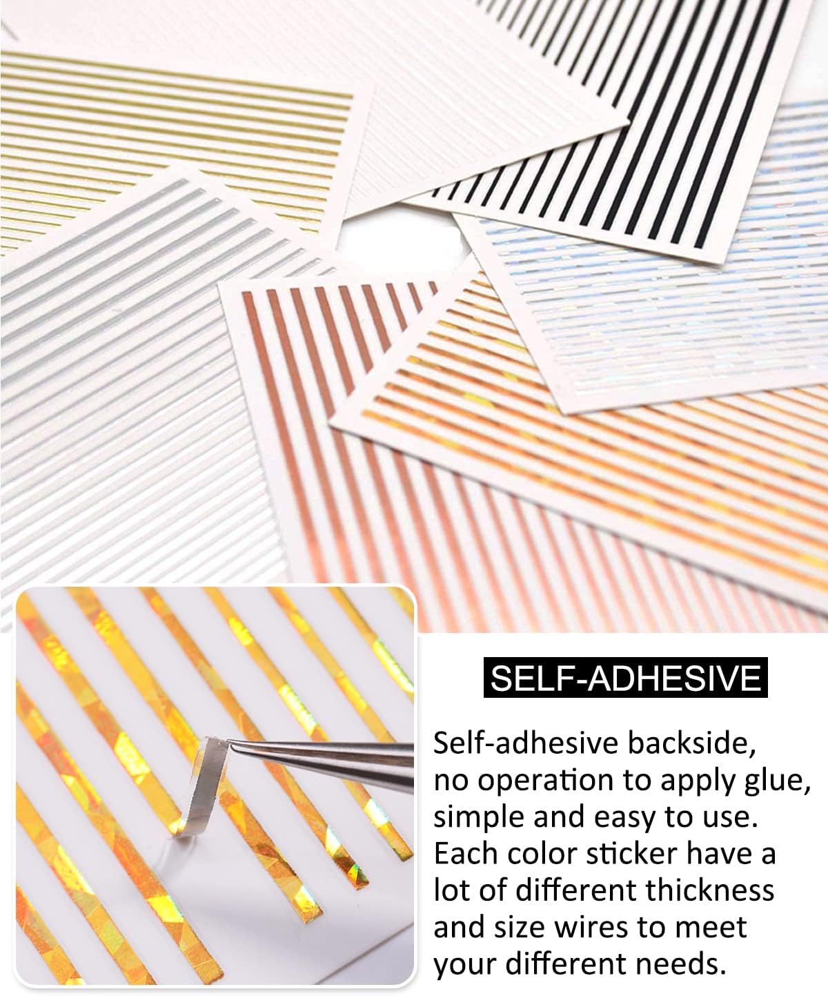 7 Sheets Nail Striping Tape Metallic Lines French Tip Manicure Strip Adhesive Holographic Foil Design Gold Sticker Decals for Nail Art
