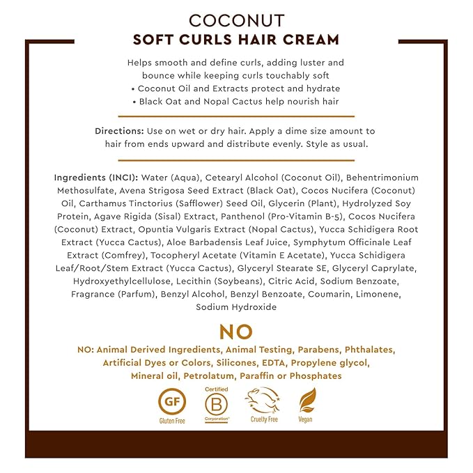 Desert Essence Coconut Soft Curls Hair Cream - Botanically-Based Curl Cream for Curly Hair - Silicone-Free - Hydrating with Coconut Oil, Black Oat Extract - Vegan, Gluten-Free, Cruelty-Free, 6.4 oz