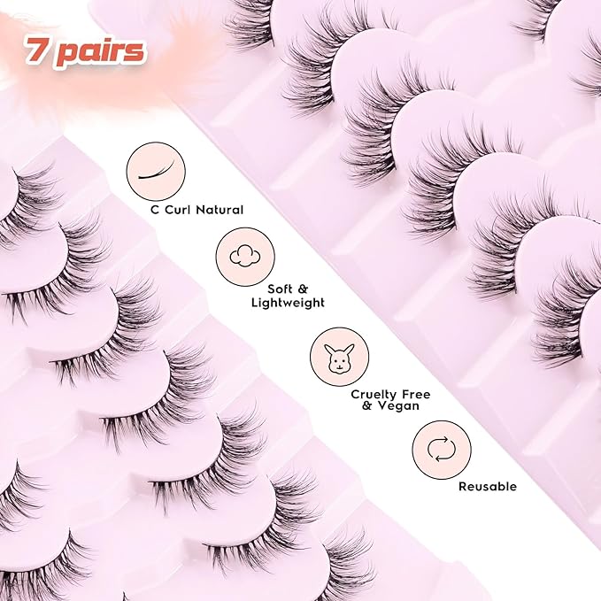 Cat Eye Lashes Wispy Eyelashes Manga Cat Eyelashes Natural Look 15mm Wispy False Lashes 3D Volume Fake Eyelashes Anime Lash Soft Faux Mink Lashes 7 Pairs Lashes Pack Siligli