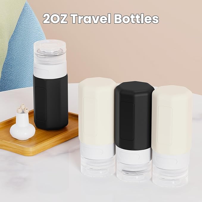 2 oz Travel Bottles, Small Travel Size Containers, TSA Approved Silicone Travel Toiletries Bottles, Shampoo and Conditioner Travel Kit for Women (Black-white)