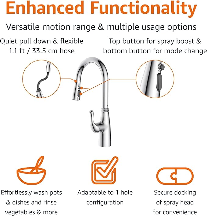 Amazon Basics Kitchen Faucet, Pull-Down Sink with Fast Mount, Chrome Finish, 1-Pack