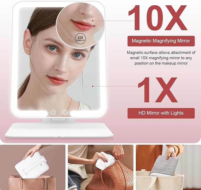 Gospire Travel Makeup Mirror with Lights and Magnification 10X, Portable Make Up Compact Tabletop with Adjustable Stand, 3 Colored Light Rechargeable Lighted LED Cosmetic Vanity- White