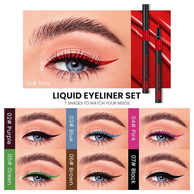 7 Pcs Colors Liquid Eyeliner Stamp Pens Set, Long Lasting Liquid Eye Liner,Waterproof & Smudgeproof Makeup