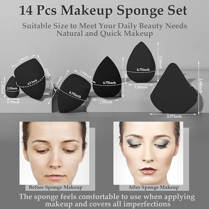 14 Pcs Makeup Sponge Set, Beauty Sponges Blender with 4 Pcs Powder Puff and 4 Pcs Mini Make up Sponges for Liquid,Foundation,Powder,Concealer,Cream (Black)