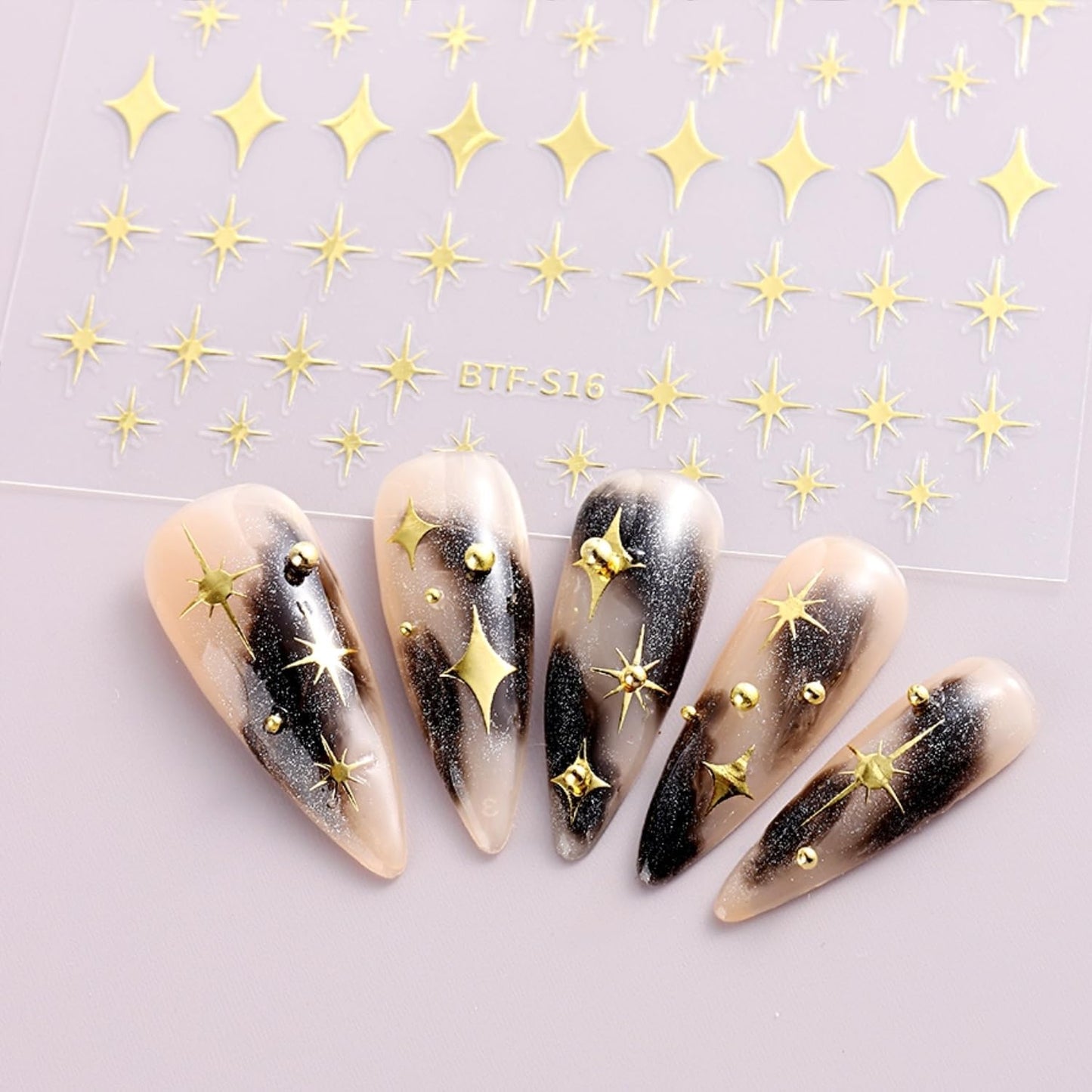 3D Self-Adhesive Star Nail Art Stickers - 12 Sheets Silver Gold Black White Decals for Acrylic Nails - Nail Design Supplies for Women Girls