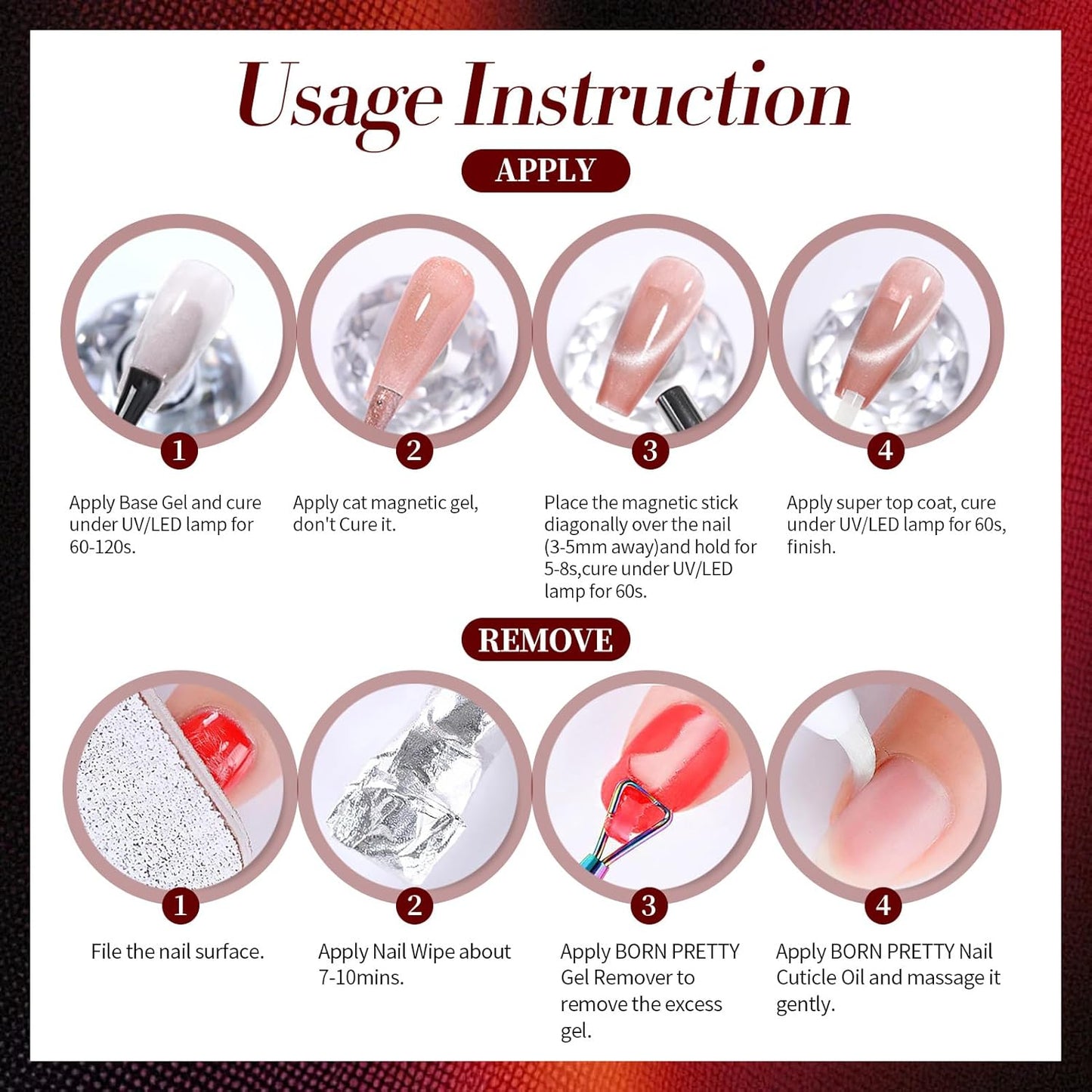 Born Pretty Cat Magnetic Eye Gel Nail Polish, Red Holographic Glitter Shiny Sparkle Crystal Gel Nail Polish Magnetic Nail Polish Salon DIY at Home 15mL