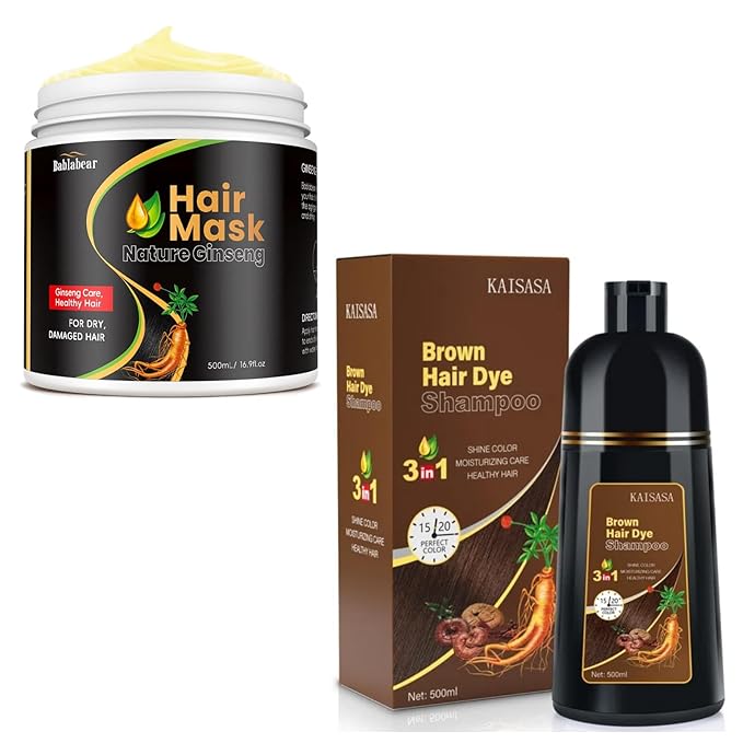 Bablabear Hair Mask Treatment for Dry Damaged Colored Hair and Brown Hair Dye Shampoo 3 in 1 Bundle Set