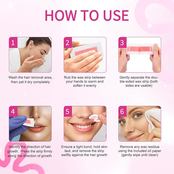 48PCS Facial Wax Strips for Hair Removal(48 Face+6 Soothing Wipes) Facial Hair Removal for Women, Waxing Kit for Women's Face, Bikini, Chest, Body, Arms, Legs, Back, & Brazilian