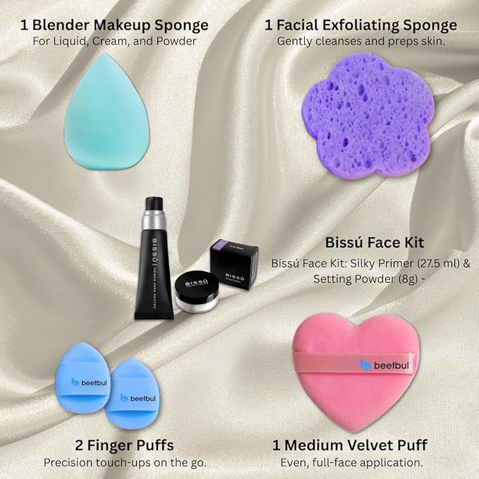 Beetbul Face Kit: Bissú Silky Primer (27.5 ml) & Setting Powder (8g) + Velvet Puff + 2 Finger Puffs + Makeup Sponge + Exfoliating Sponge