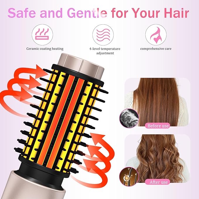 Cordless Hair Curling Iron Brush, Travel Curl Brush, 3-in-1 Portable Curling Iron Cordless, Plasma Thermal Hair Brush, 7000mAh USB Rechargeable Curling Wand, Mini Hot Curlings Brush-Blush Pink