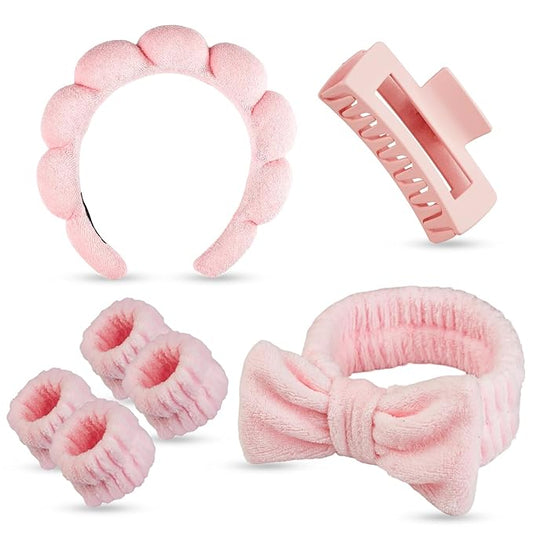 7 Pcs Spa Set, Facial Headband and Wristband Set, Skincare Accessories, College Style Girl Gift, Hair Accessories for Women and Girls (Pink)