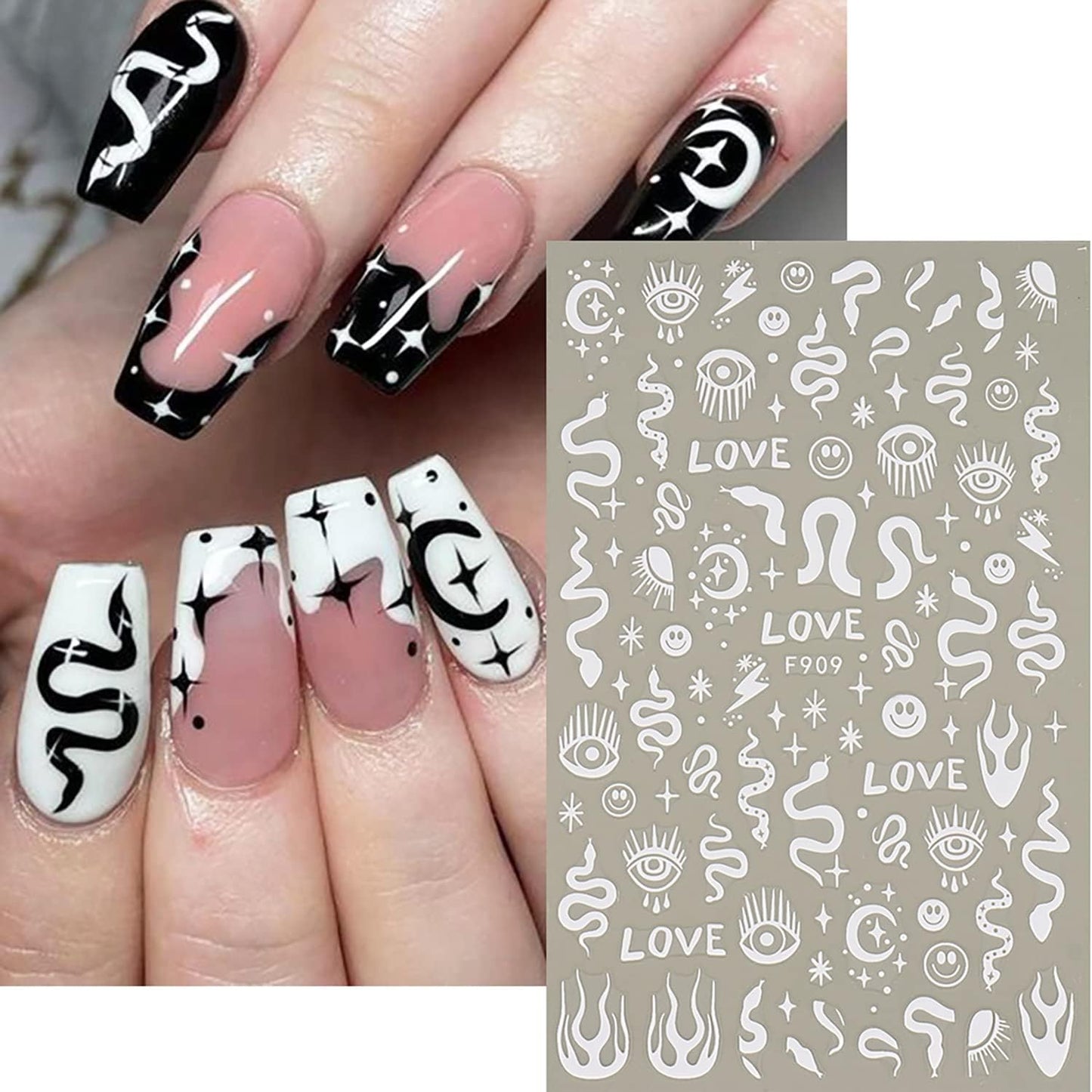 7 Sheets White Nail Art Stickers Butterfly Snake 3D Self-Adhesive Nail Decals Summer Stars Sun Line Designs Nail Decorations Moon Leaf Rose Nail Accessories for Women Girls DIY Manicure Supplies